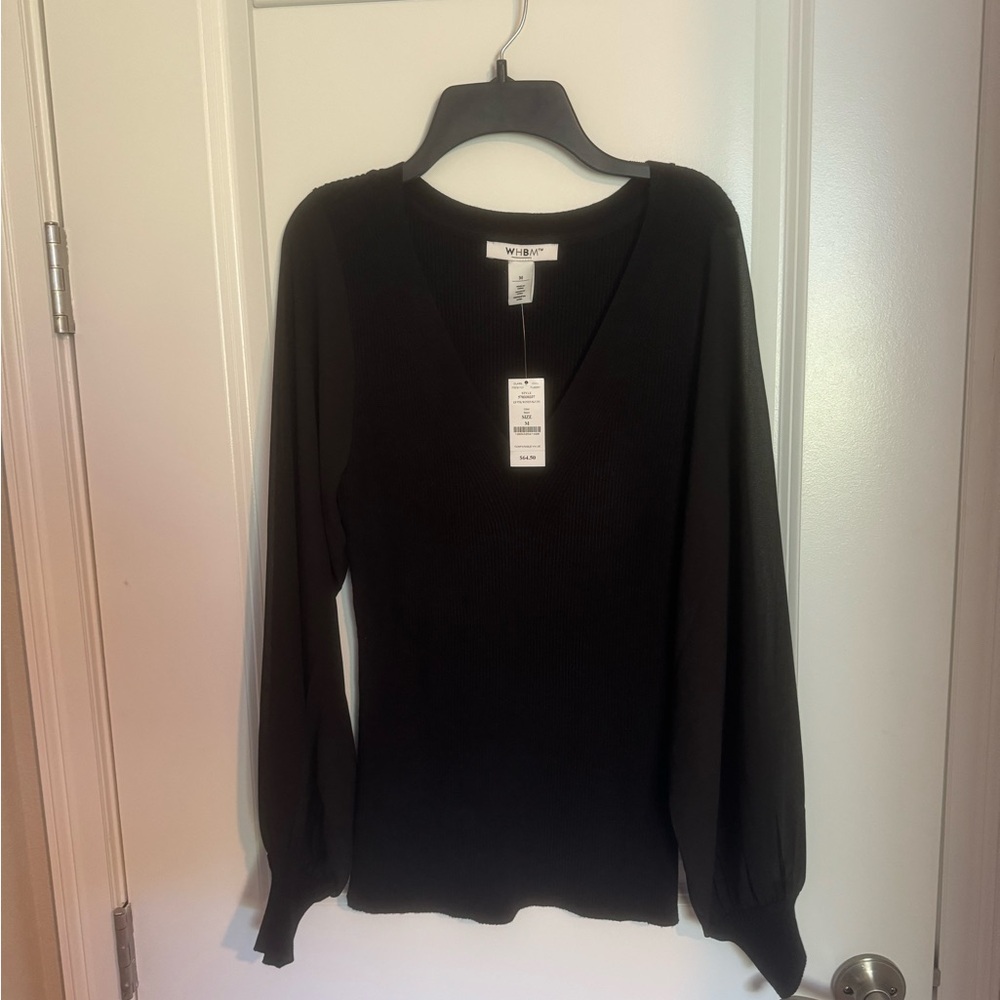 White House Black Market Black Blouse with Sheer Sleeves. New with Tags!